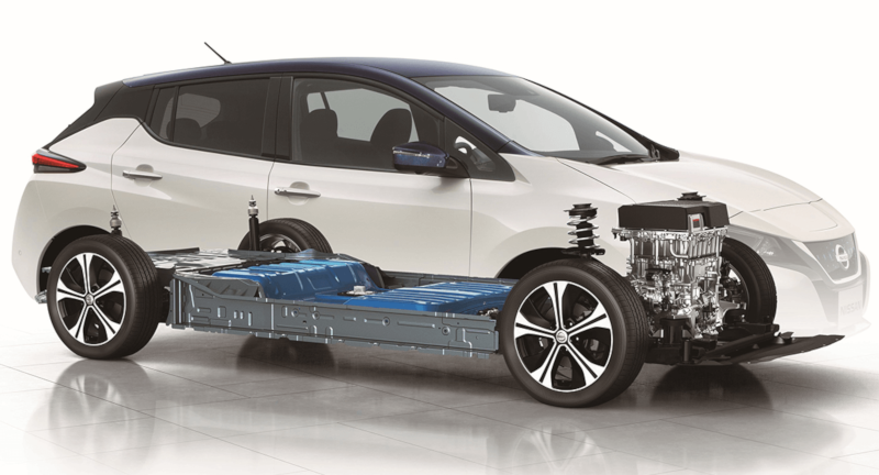 Nissan Leaf X-ray view with drive train and large 60kWh battery