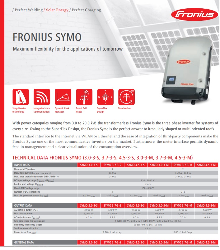 Fronius Symo 3-20kW Inverter Datasheet