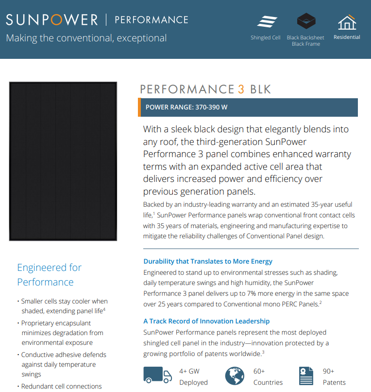 Sunpower Performance P3 BLK 370W Datasheet 
