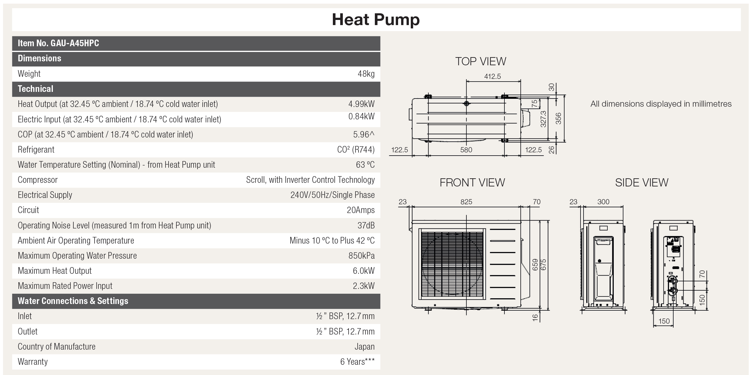 Sanden Heat Pump G4 Specifications