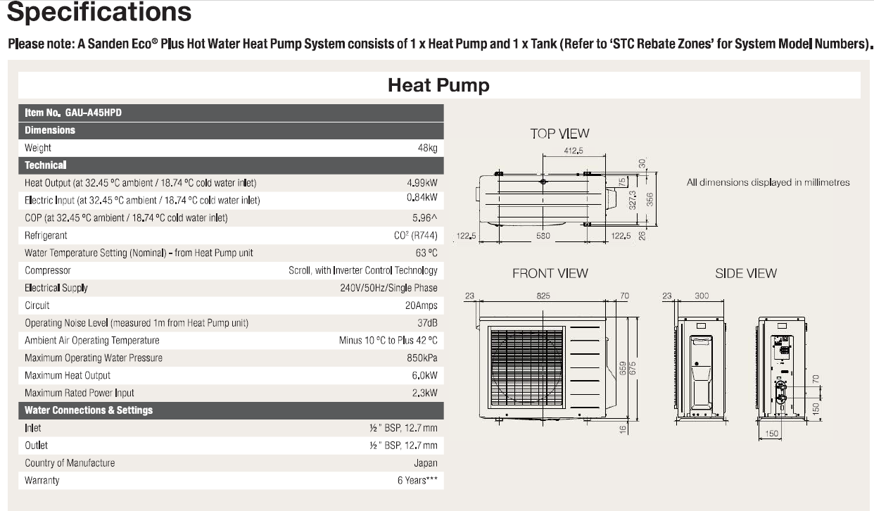 Sanden Heat Pump G5 Specficiations