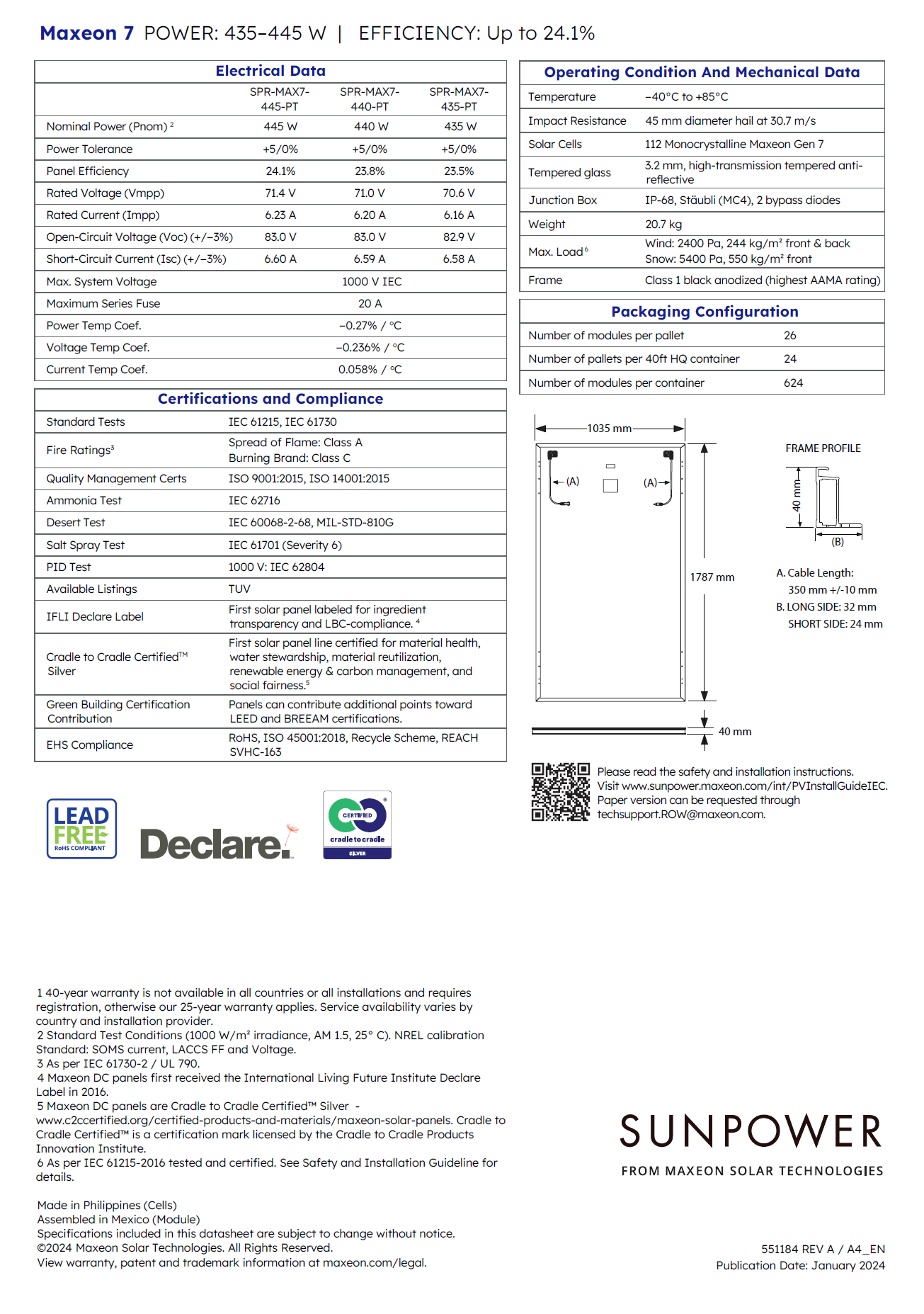 SunPower Maxeon 7 445W Datasheet Jan 2024 pg. 2