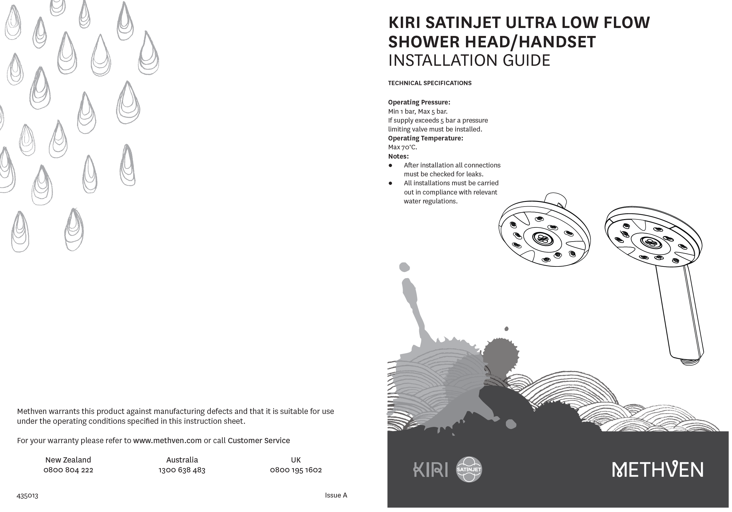 Methven Kiri Satinjet Graphite Low Flow Head and Handheld Installation Guide Issue A Pg1