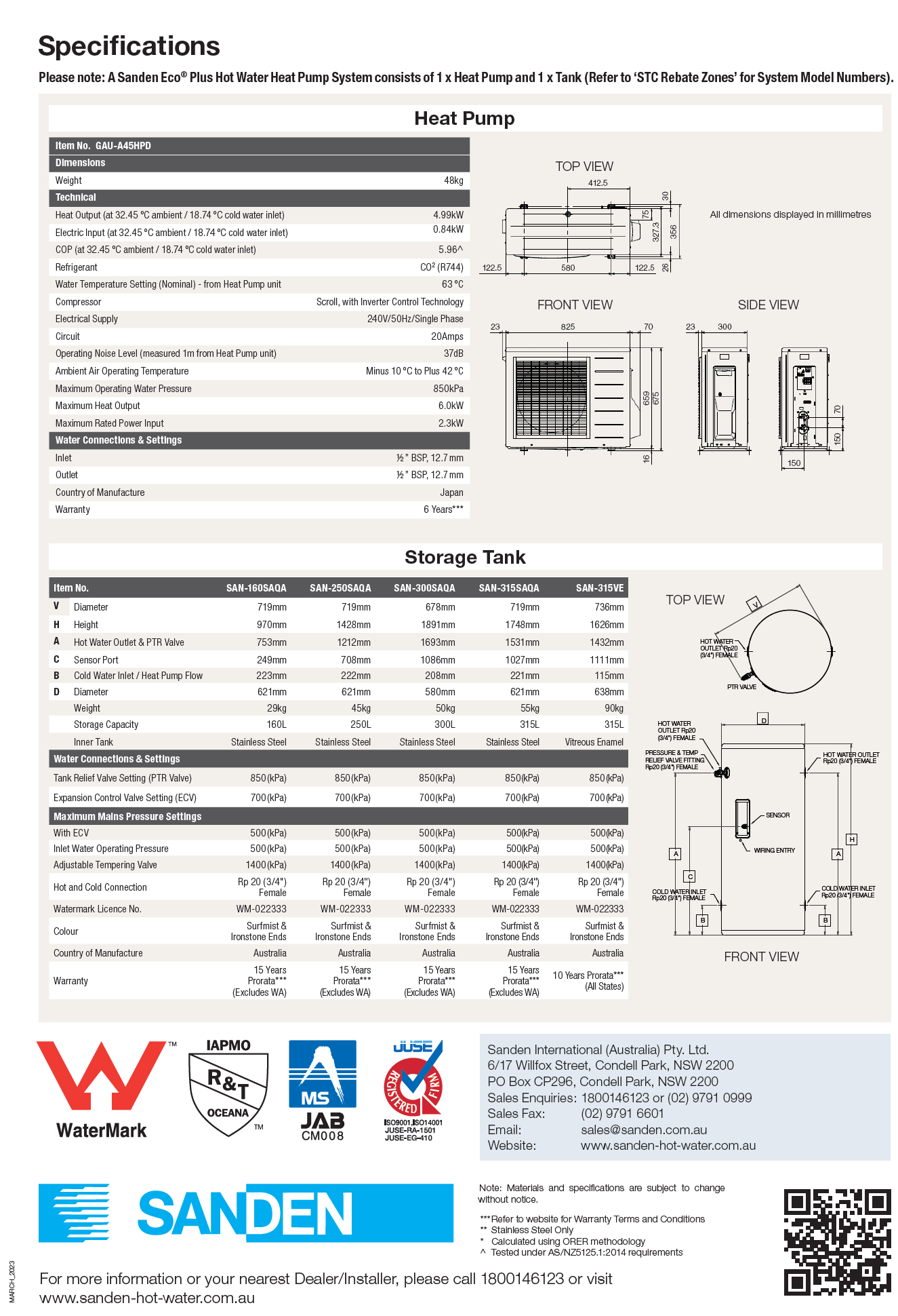 Sanden Heat Pump FQTV Brochure v2023 Specifications Last Page