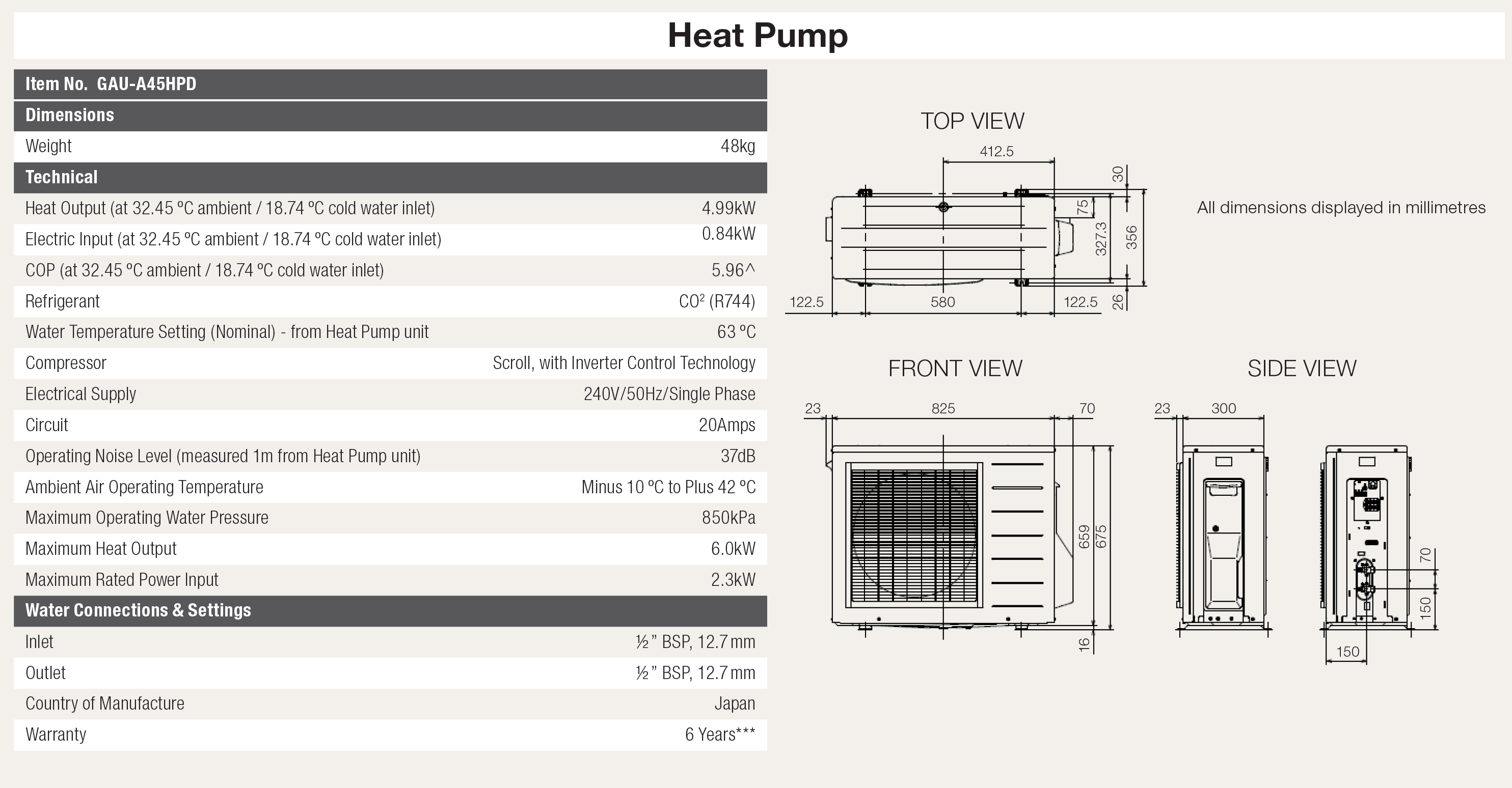 Sanden Heat Pump G5 Specifications