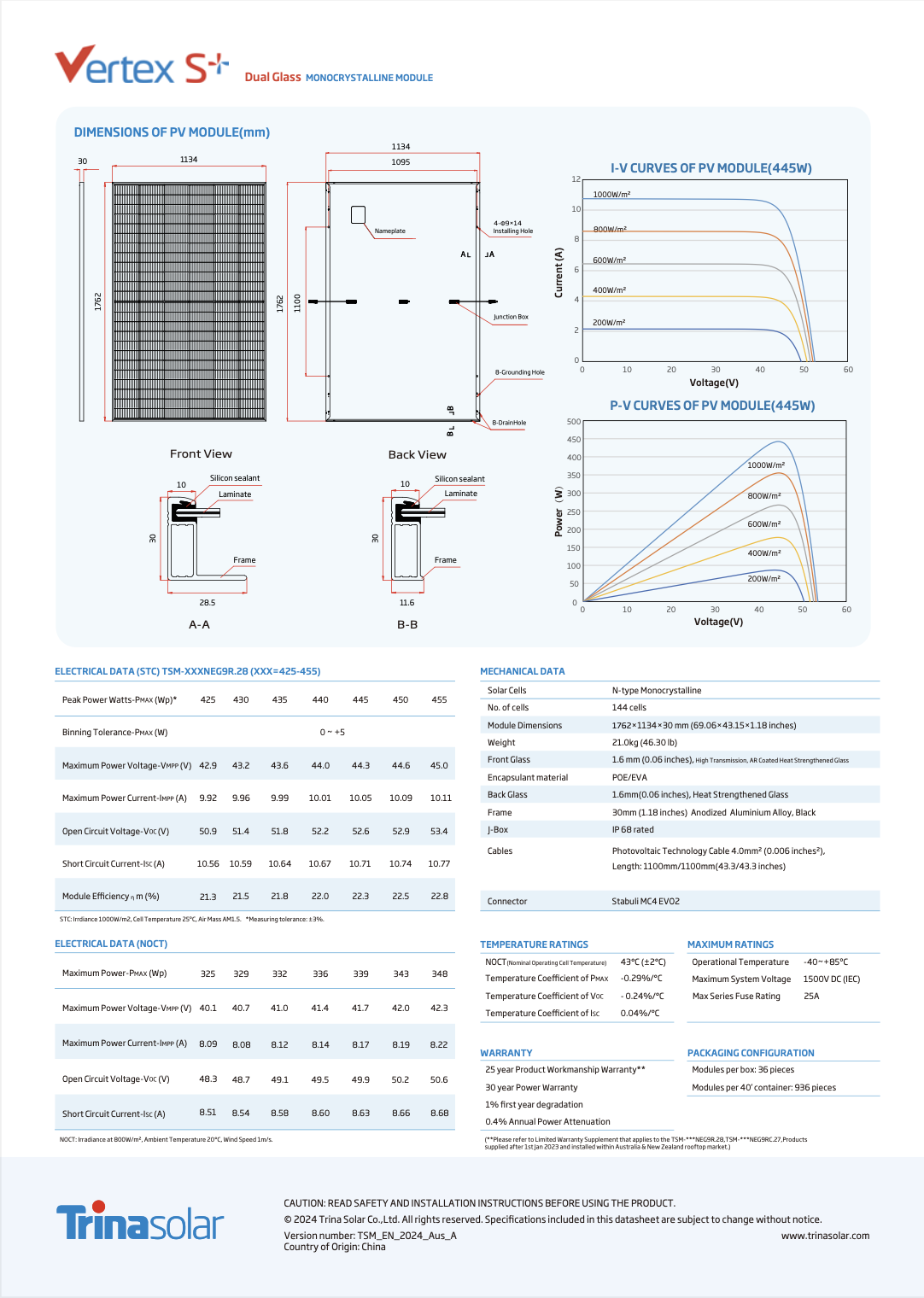 Technical specification datasheet for the Trina Solar Vertex S+ Dual Glass Monocrystalline Module. The datasheet includes detailed diagrams of the front and back views of the PV module, illustrating dimensions and components. It also features I-V and P-V curves under varying irradiance levels, showcasing the module's electrical performance. The document covers key mechanical data such as module dimensions (1762x1134x30 mm), weight (21.0 kg), and solar cell type (N-type Monocrystalline), along with electrical data, temperature ratings, maximum ratings, warranty details, and packaging configuration.