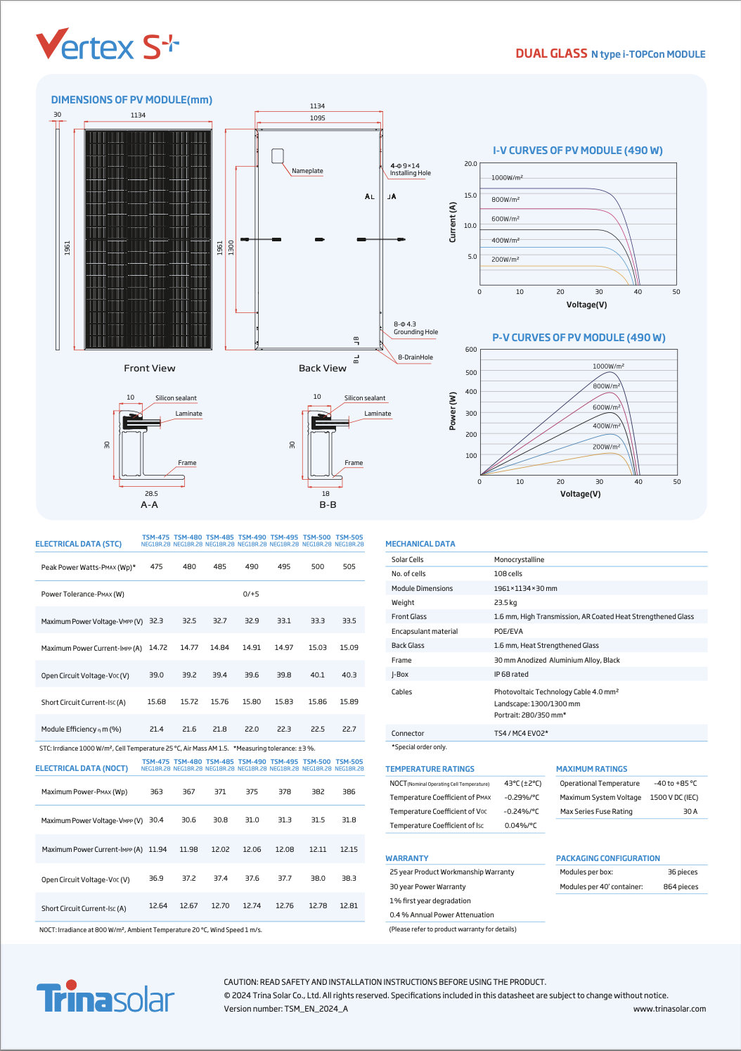 Technical specification datasheet for the Trina Solar Vertex S+ Dual Glass N-type i-TOPCon Module. This datasheet includes detailed diagrams of the module's front and back views, indicating precise dimensions and component placements. It also features performance graphs such as I-V and P-V curves under various irradiance levels, showcasing the electrical characteristics like peak power outputs ranging from 475 to 505 watts, and module efficiency details. Additional information covers mechanical data, temperature ratings, maximum ratings, warranty, and packaging configuration for effective solar installation planning.
