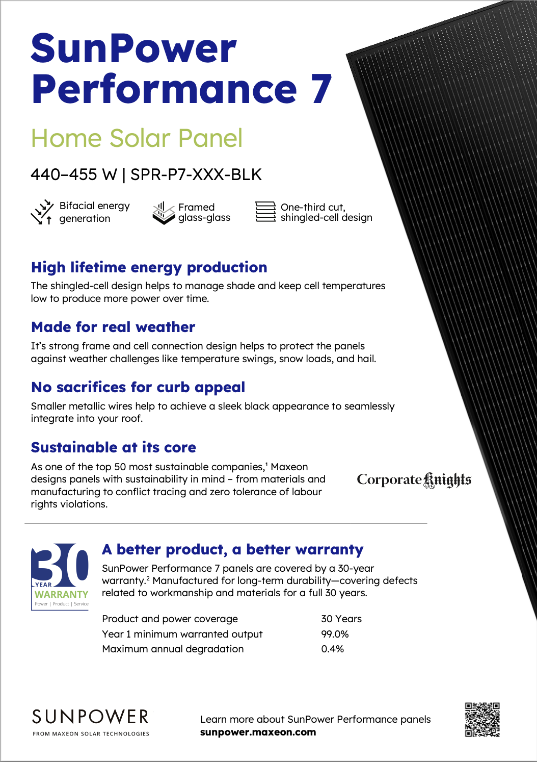 Promotional datasheet for SunPower Performance 7 Home Solar Panel, model SPR-P7-XXX-BLK, with a power range of 440–455W. The image features key highlights such as bifacial energy generation, a framed glass-glass structure, and a one-third cut, shingled-cell design. It emphasizes high lifetime energy production due to its unique cell design, robustness against extreme weather conditions, and a sleek appearance for enhanced curb appeal. The panel is touted for its sustainability and is backed by a 30-year warranty. Details include product features, benefits, and a QR code linking to further information on SunPower’s website.
