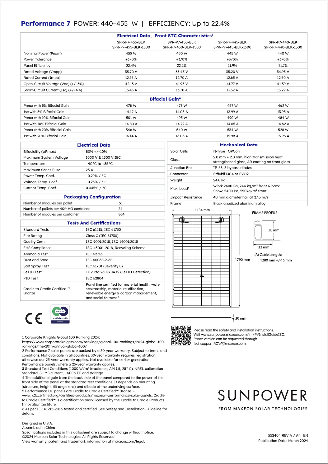 Comprehensive datasheet for the SunPower Performance 7 Home Solar Panel, detailing its specifications and features. This image presents electrical data including nominal power of 440–455W, panel efficiency up to 22.4%, and various operational parameters like voltage and current under different conditions. Mechanical specifications such as dimensions, weight, and solar cell type (N-type TOPCon) are included, along with a frame profile diagram. Additionally, the datasheet outlines packaging configurations, standard tests and certifications, and a 'Cradle to Cradle Certified™ Bronze' for environmental responsibility. The datasheet is aimed at both consumers and industry professionals, emphasizing the solar panel's high efficiency, robust construction, and sustainability features.