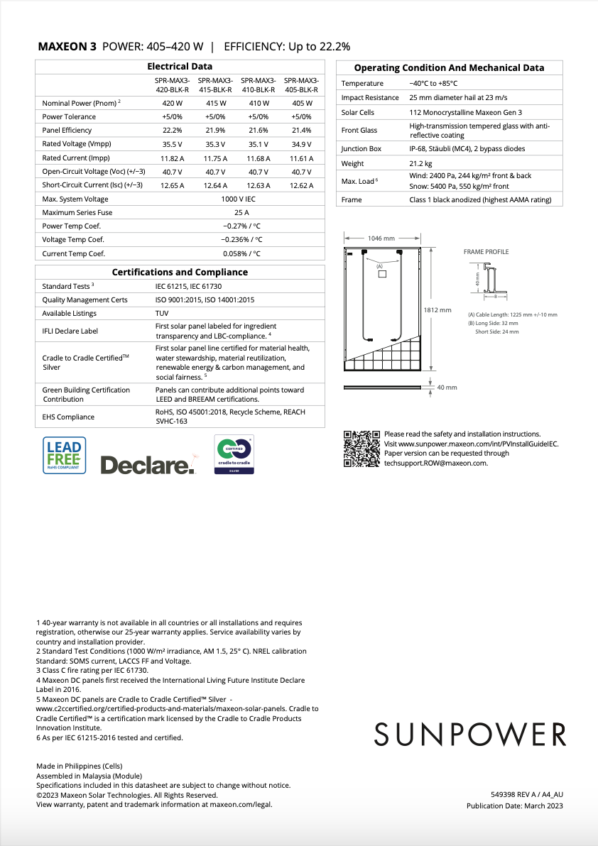 SunPower Maxeon 3 415 BLK R Datasheet 2