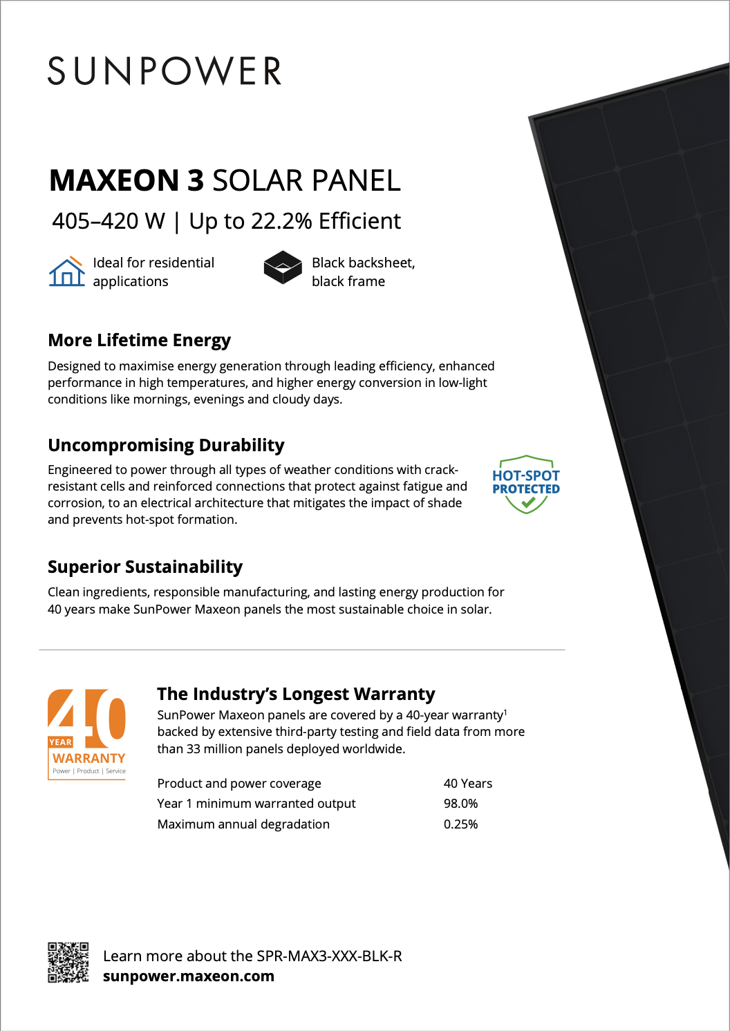 SunPower Maxeon 3 415 BLK R Datasheet