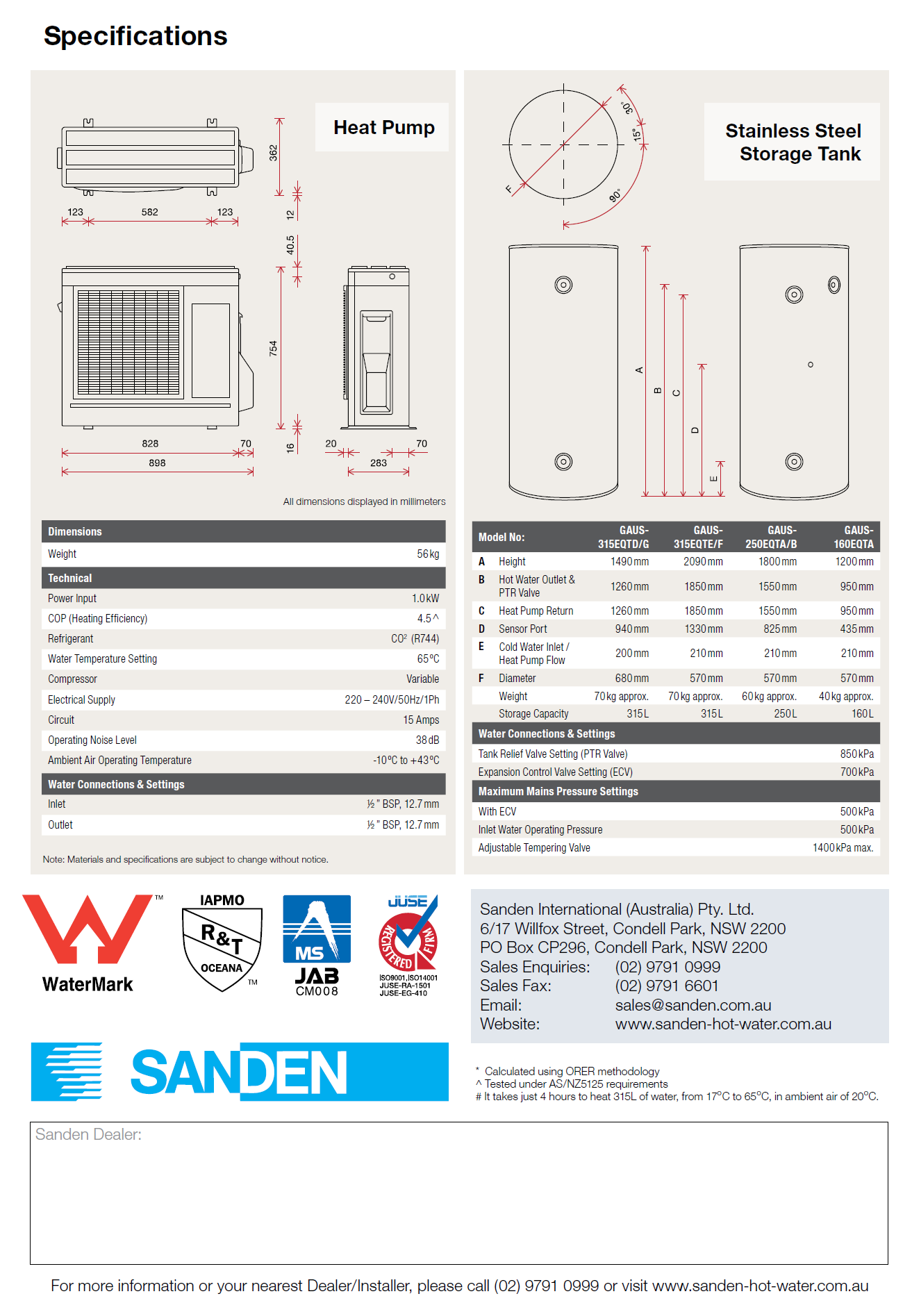 Sanden Heat Pump G2 Specifications from Brochure