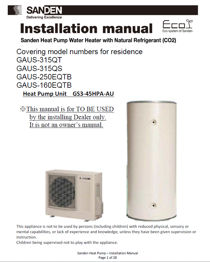 Sanden Heat Pump G3 315QT 315QS 250EQTB 160EQTB Installation Manual