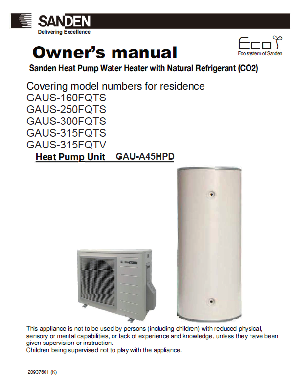 Sanden Heat Pump G5 GAU-A45HPD Owner's Manual vDec2022