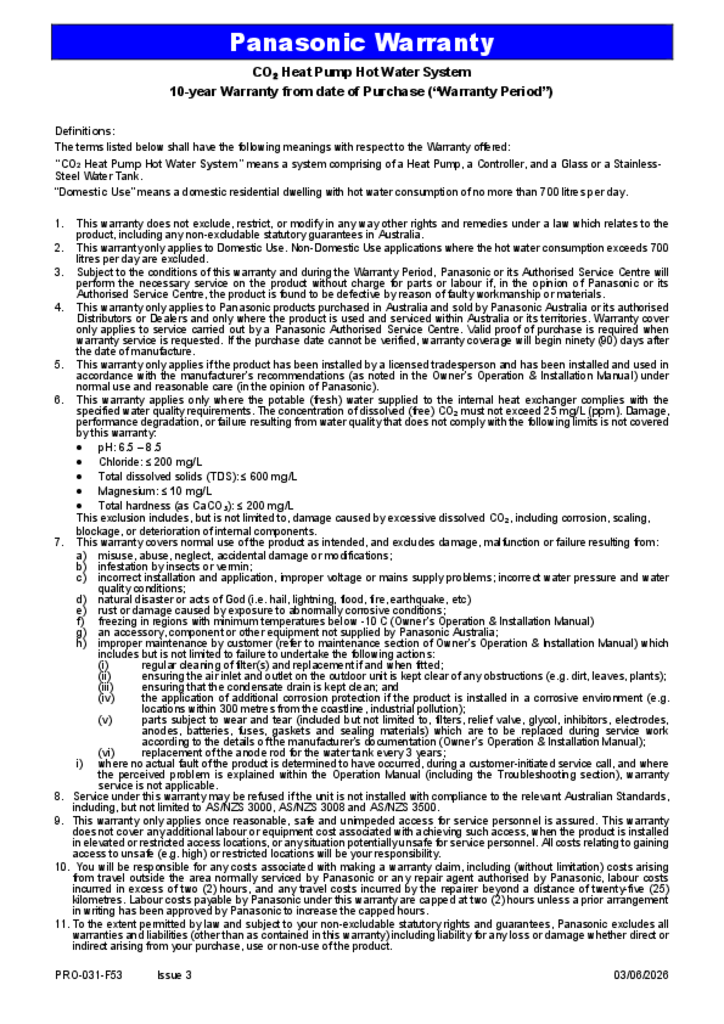 Panasonic CO2 Heat Pump HWS Warranty V3 June 2026